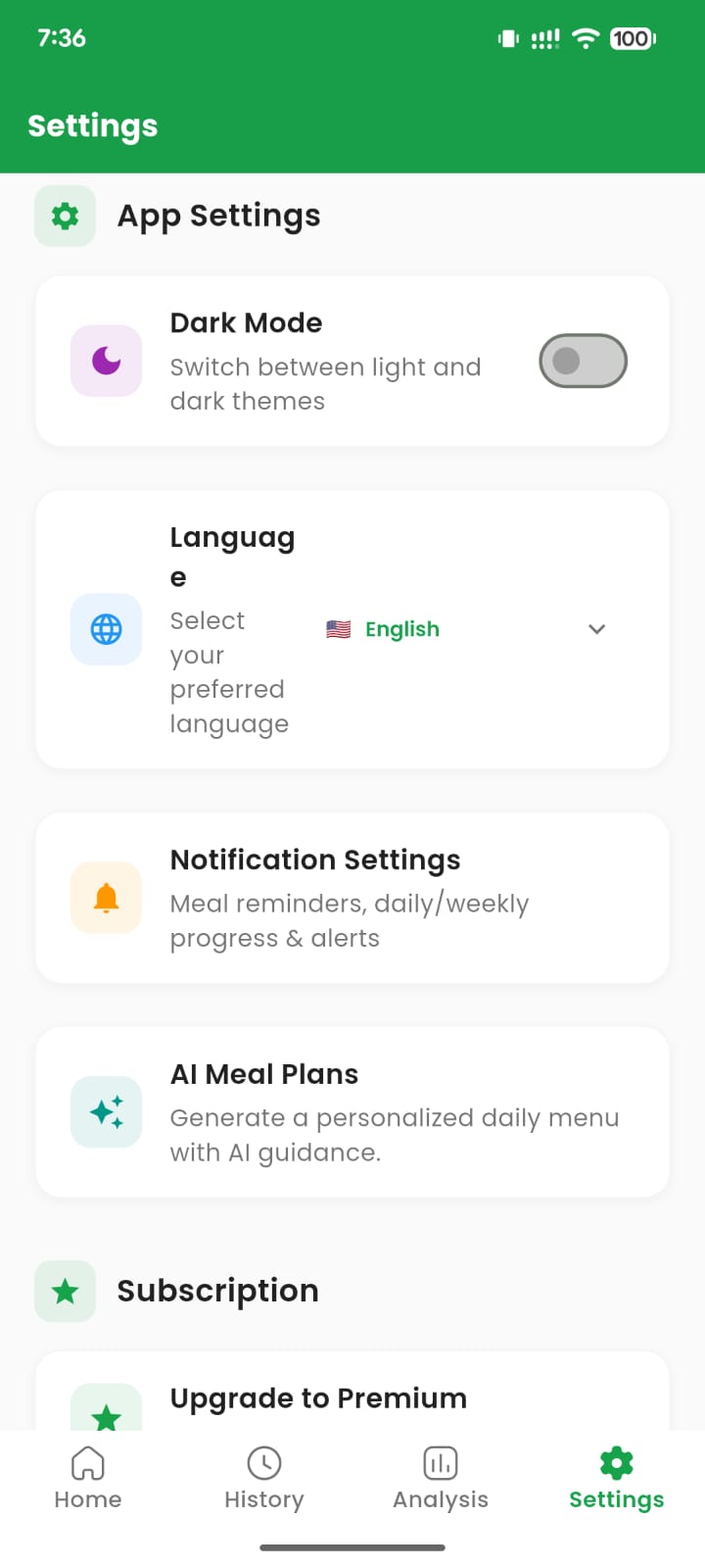 Settings screen